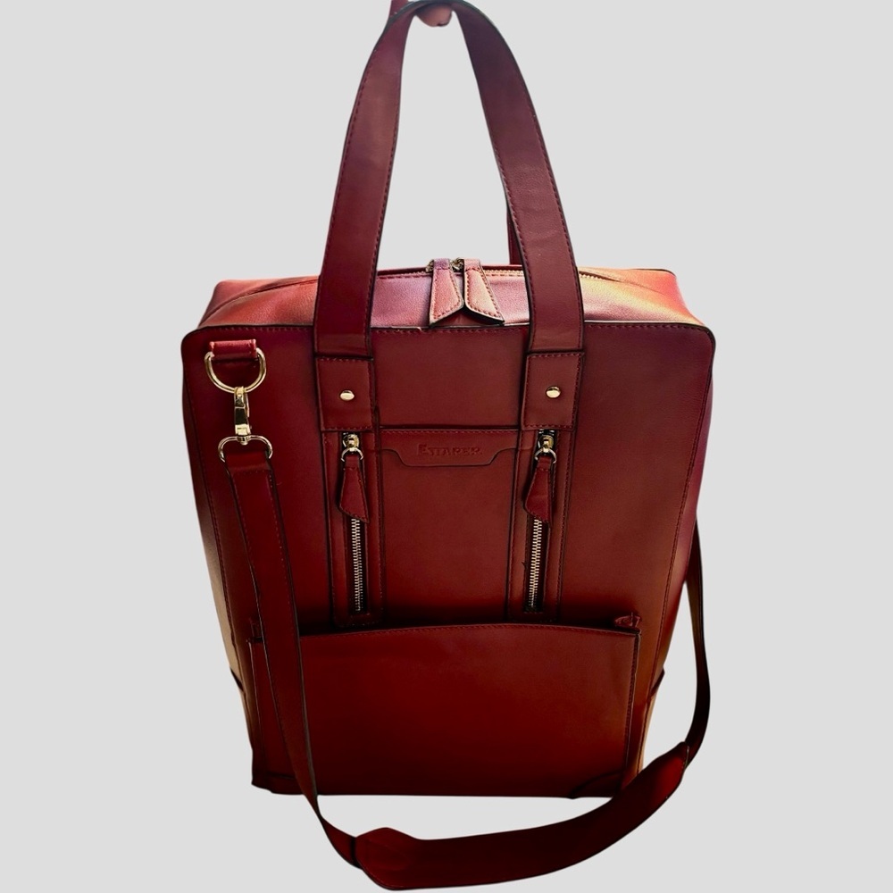 NEW Estarer Laptop Bag Burgundy Wine Faux Leather Gold Hardware Tote Bag NWOT